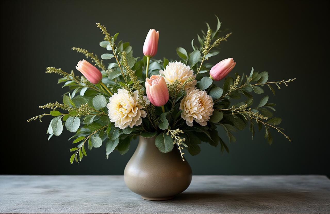 Artisanal floral arrangement with proteas and eucalyptus