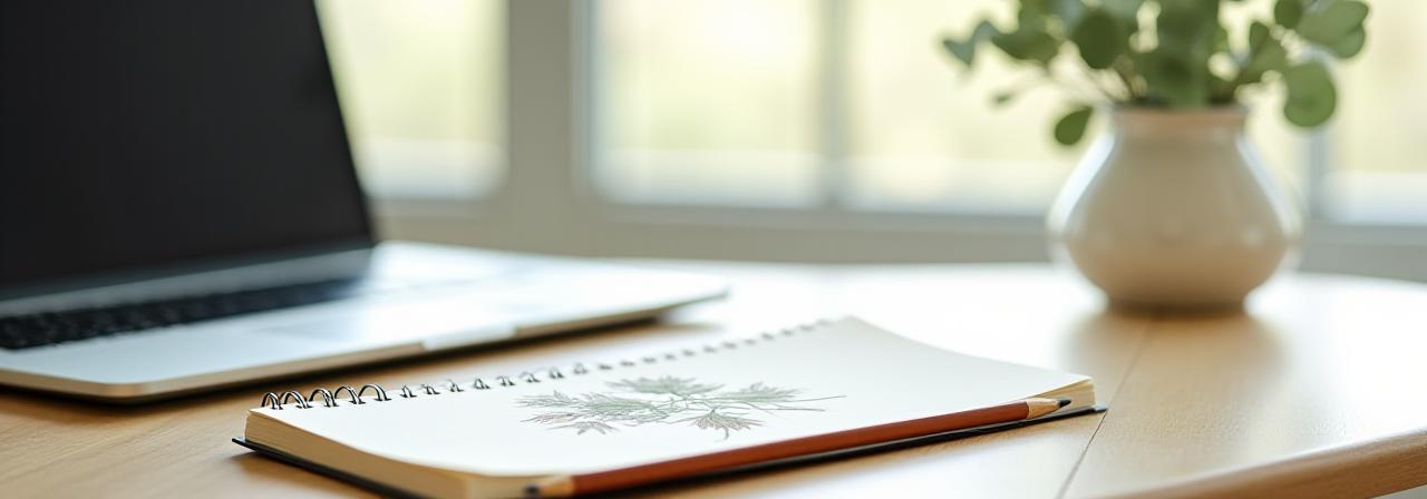 Soft morning light on a desk with floral sketches and a computer
