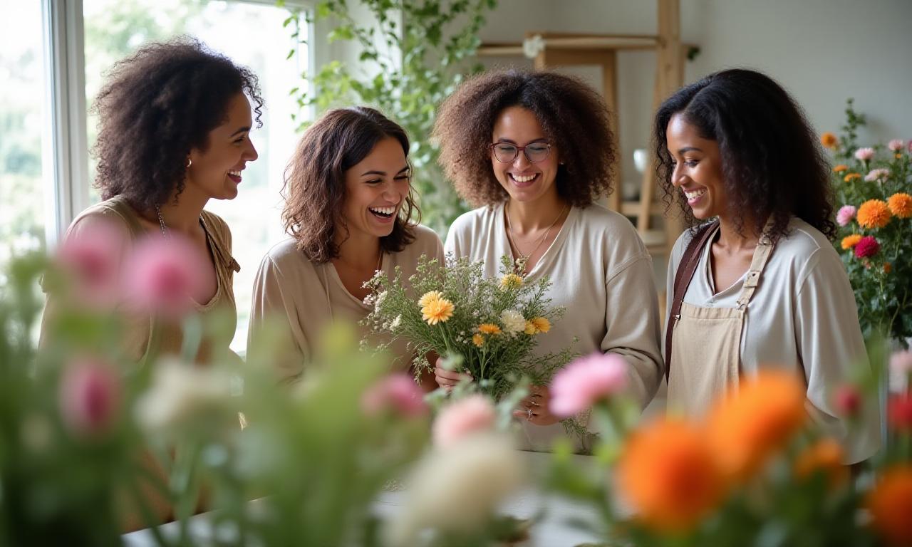 Group of friends laughing at a workshop