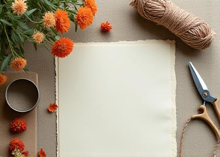 Artisanal floral tools and parchment paper on a wooden desk