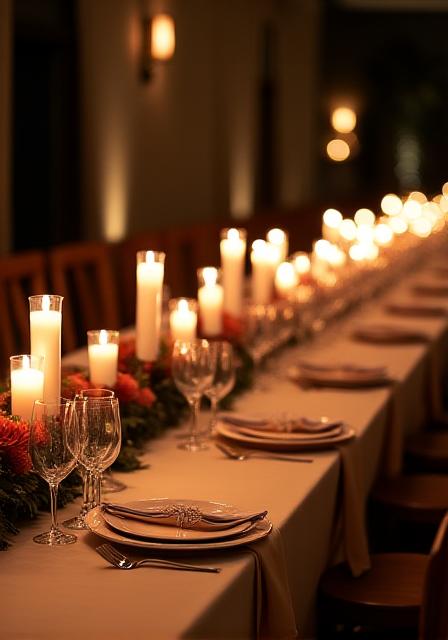 Reception table layout with candles and greens
