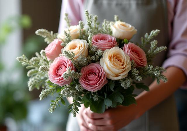 Student arranging a hand-tied bouquet