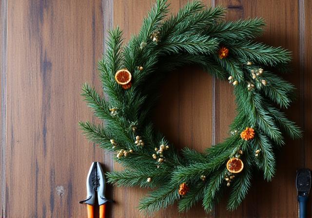 Lush seasonal foliage wreath on a wooden table